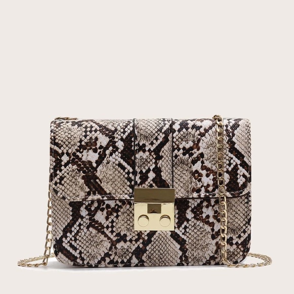 Handbags - Vegan Leather Snakeskin Gold Tone hardware Chain Shoulder Crossbody Bag